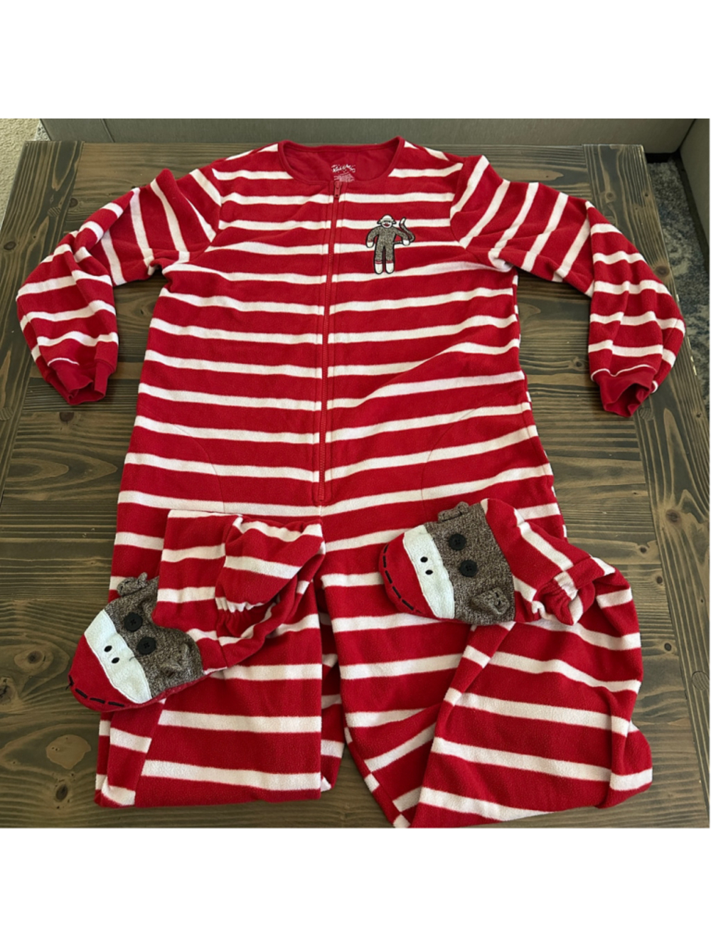 Women's Nick & Nora Sock Monkey Onesie Pajamas Small Red White Striped Fleece